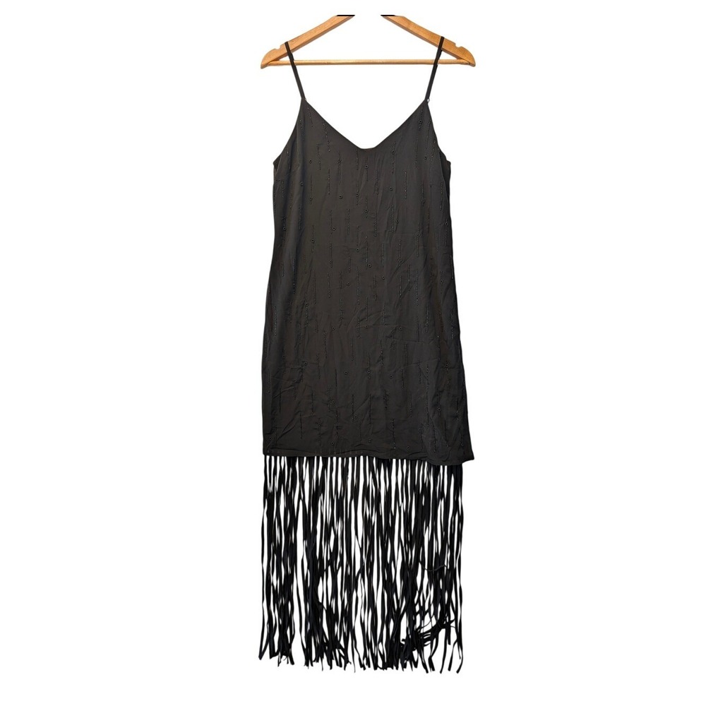 Marciano Black Beaded Fringe Slip Dress Mini V-Neck Edgy Boho Festival Size M